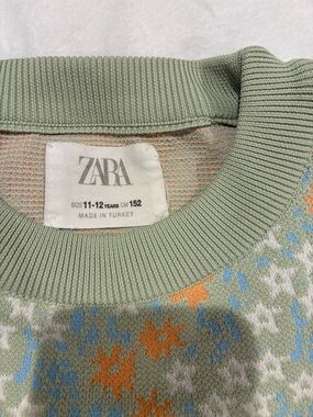 ZARA Kids Sage Green Floral Knit Jumper with Orange and Light Blue Accents